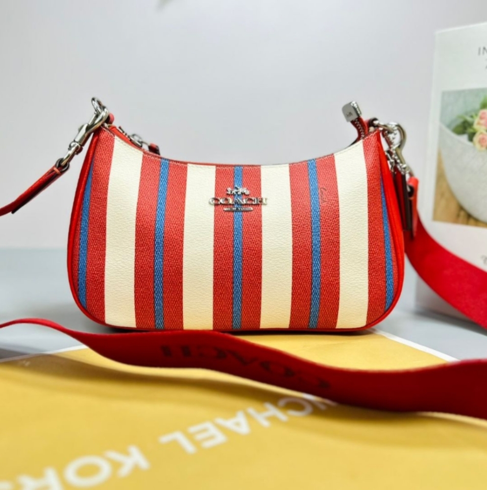 NWT Coach Teri Shoulder Bag With Coated Canvas & Leather Stripe Print CT823